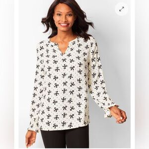 Talbots Smocked Sleeve Bow Top Womens Medium Black/White Split Neck Blouse